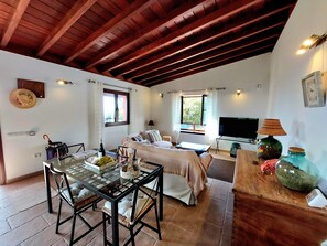 Una habitación acogedora con techo de madera, cama con vistas, televisor y zona de comedor con mesa y sillas.