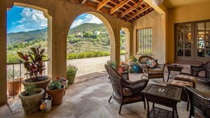 A covered patio with wicker furniture, potted plants, and a view of a hilly landscape. - Little Daisy Jerome Historic Mansion Sedona Views (Sedona)