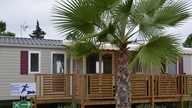 A mobile home with a wooden deck, a palm tree, and evacuation signage.