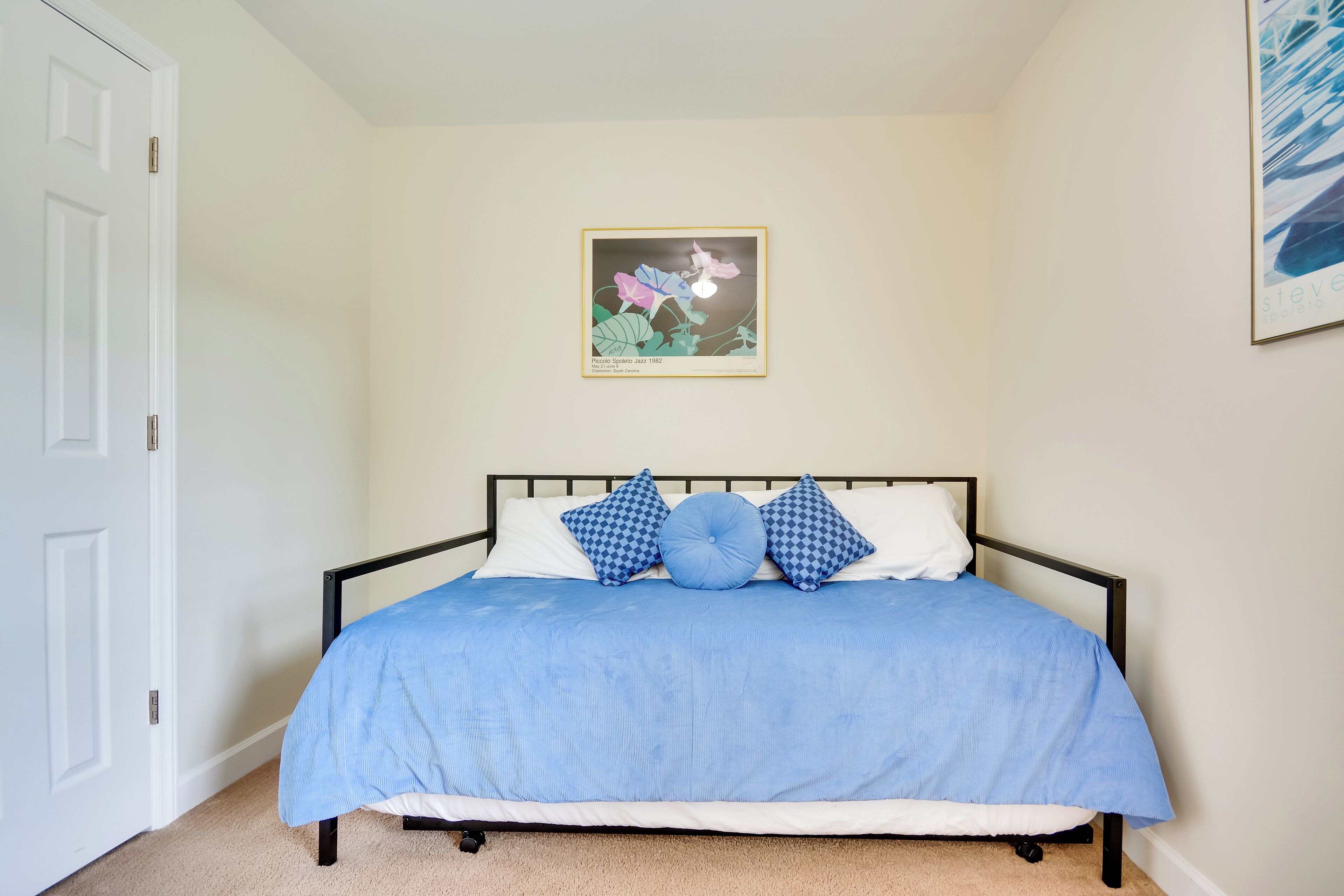 Un dormitorio con cama, una puerta blanca, un cuadro en la pared y suelo alfombrado.