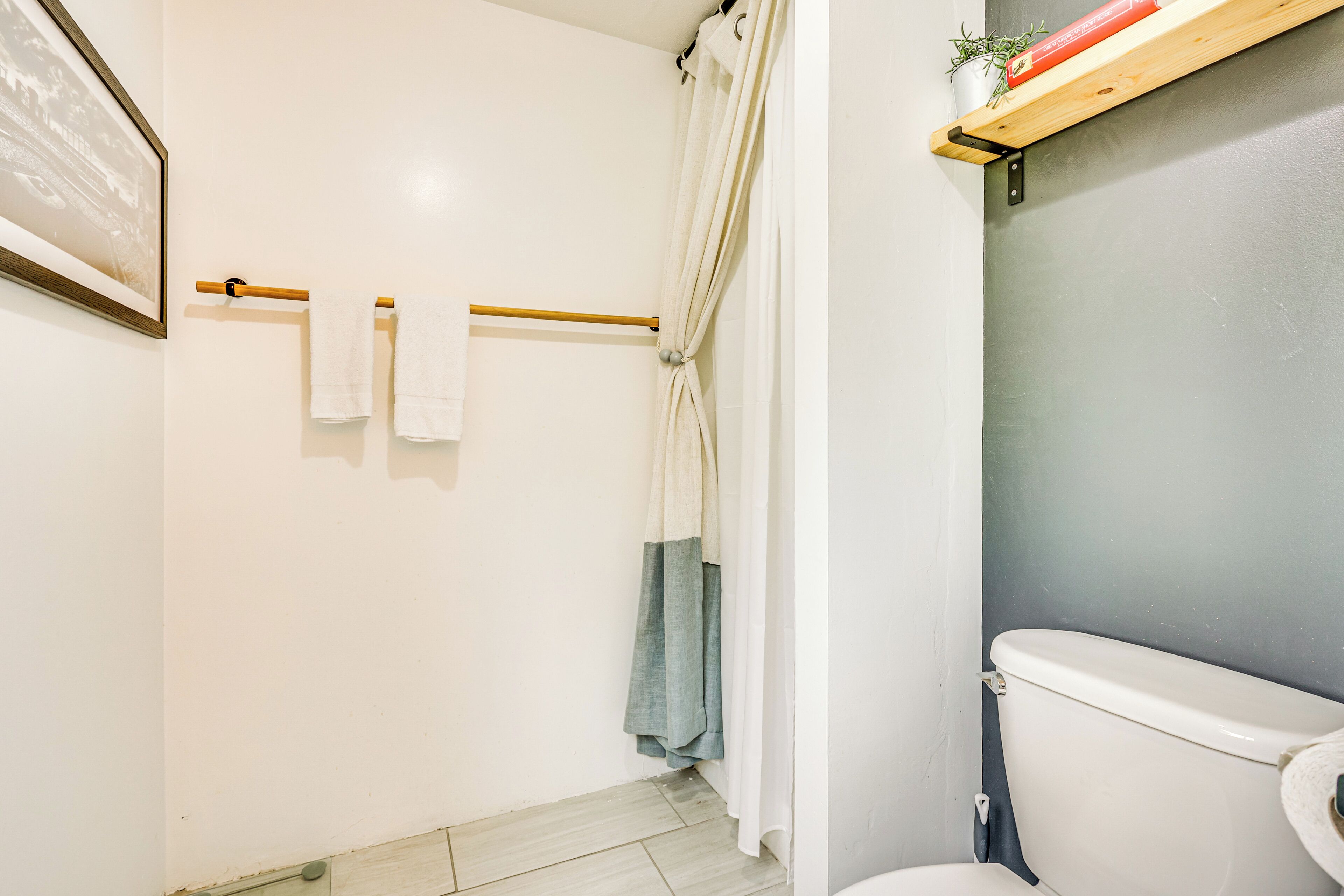Une salle de bain comprenant des toilettes, un porte-serviettes avec deux serviettes blanches, un rideau de douche et une étagère en bois sur laquelle est posée une plante.