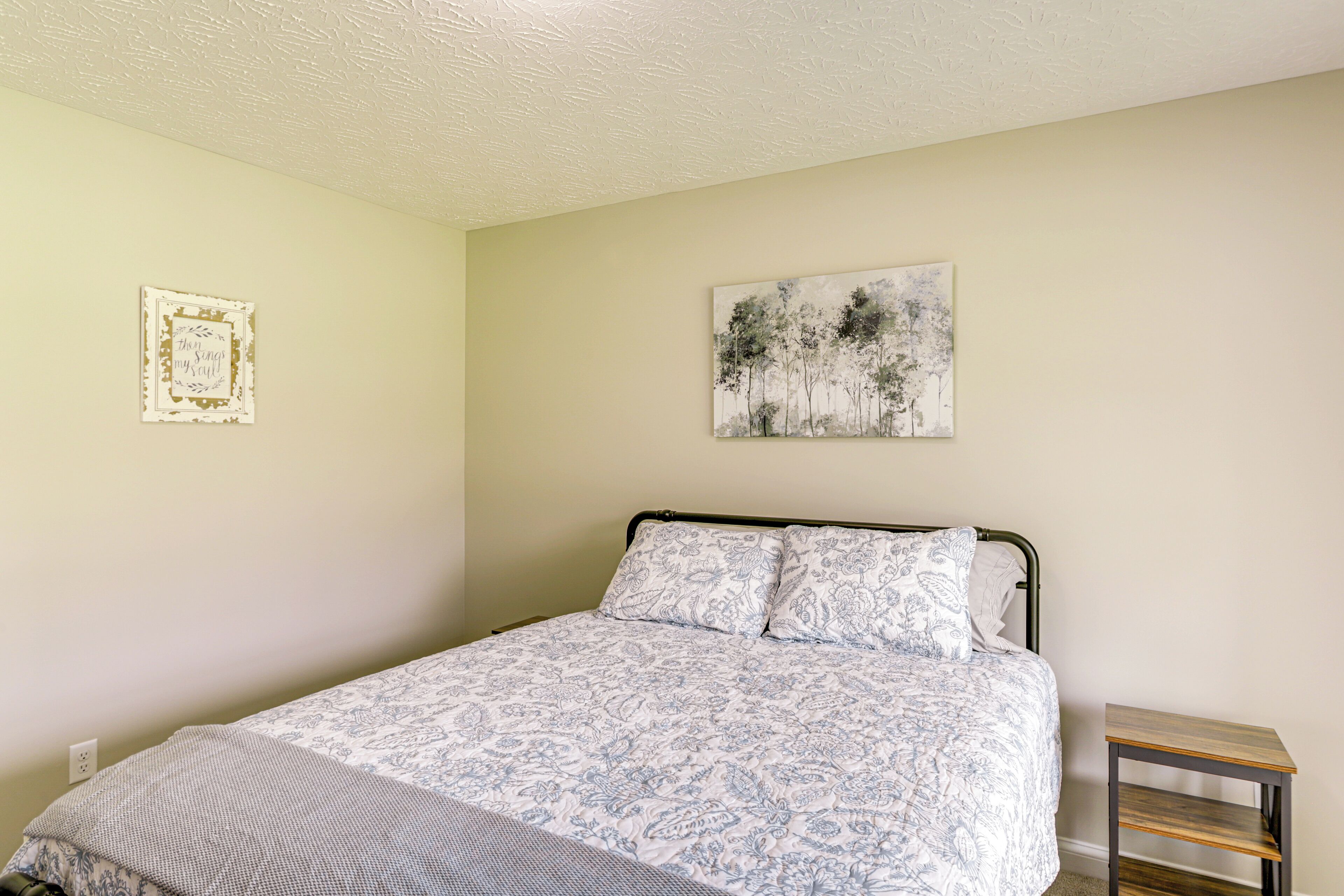 A bedroom with a bed, a nightstand, a wall-mounted picture, and a ceiling with a textured pattern.