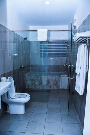 Dusj, hårføner, håndklær og såpe