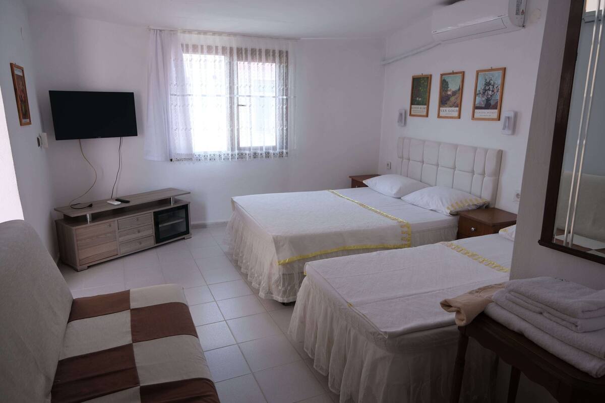 Habitación de hotel con dos camas, televisión, ventana con cortinas, sofá y mesita de noche con toallas.