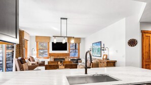 A modern kitchen with a large island, built-in appliances, and a fireplace. - On Main St. Hot Tubs, Easy Access to Peak 9. (Breckenridge)