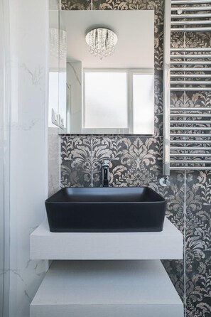 Shower, hair dryer, bidet, towels