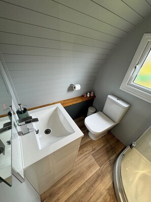 Shower, hair dryer, towels, toilet paper