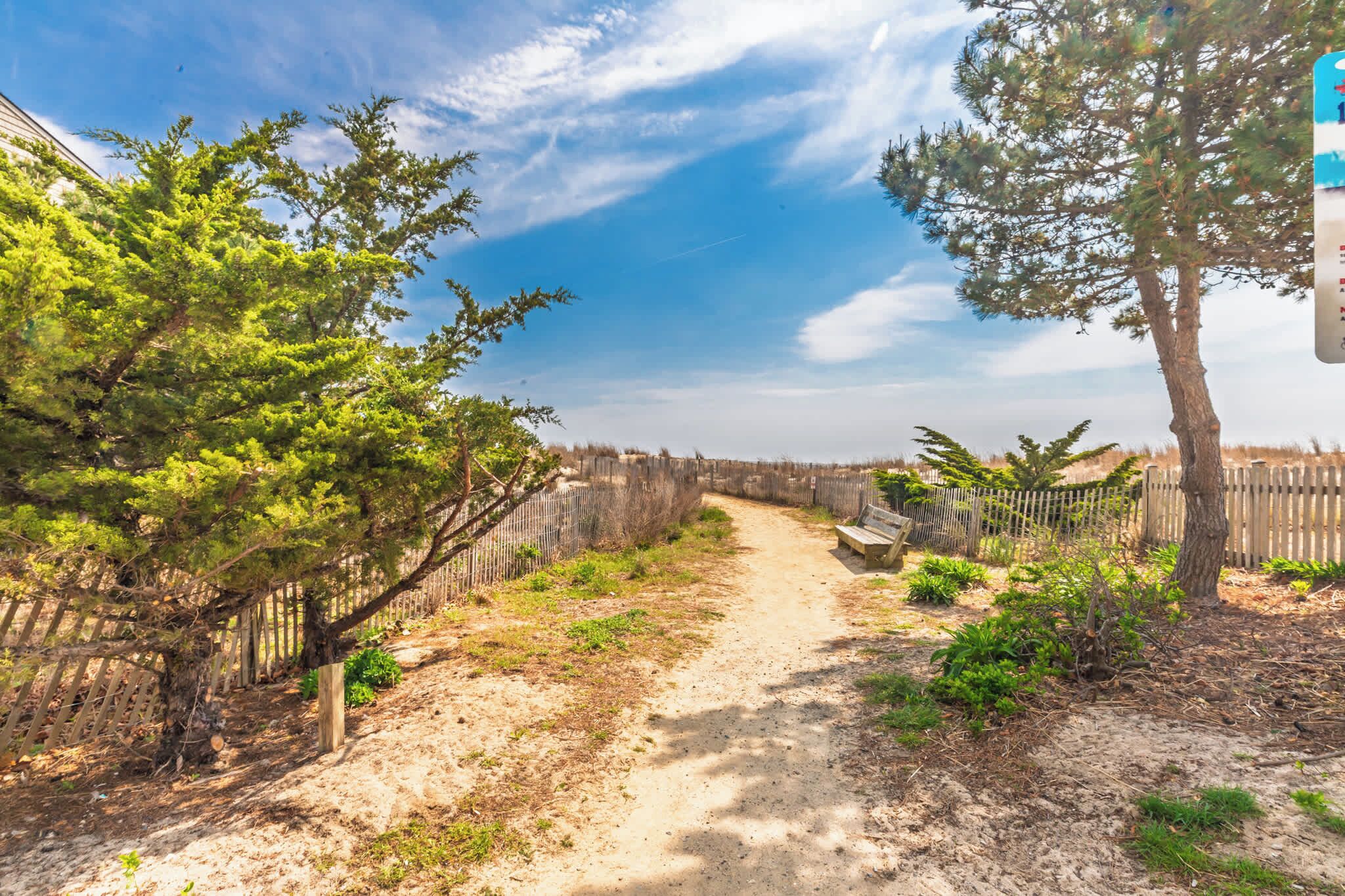 A dirt path flanked by wooden fences and trees, leading to a bench.
