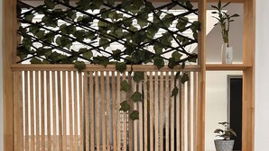 A room with a wooden slat partition, a small shelf with potted plants, and a mirror. - 3-bedroom apartment in cool Envigado with WiFi (envigado)