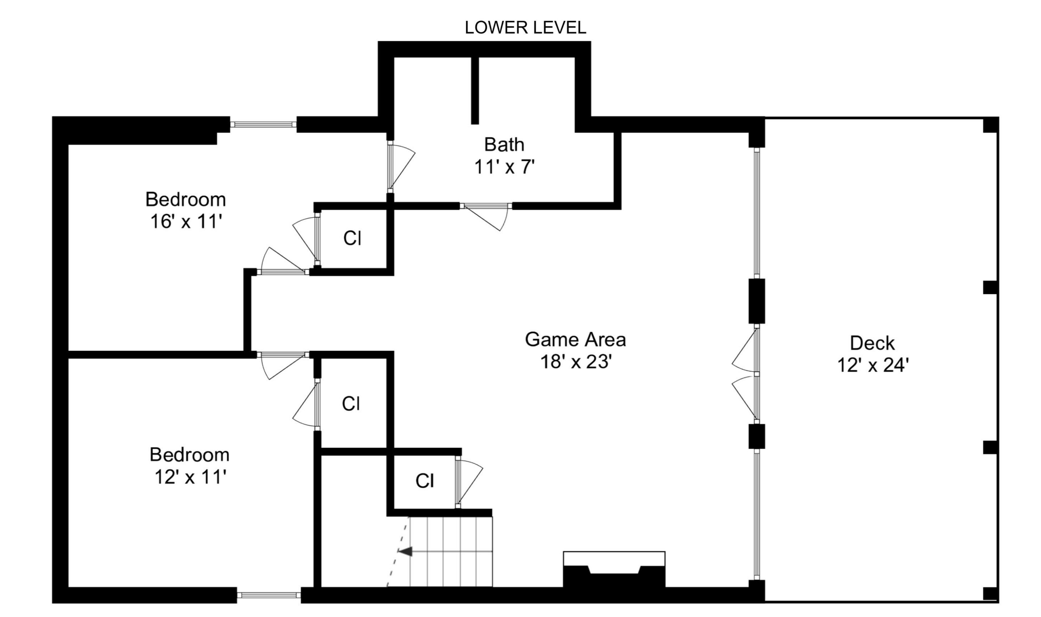 A floor plan with two bedrooms, a game area, a bath, and a deck.