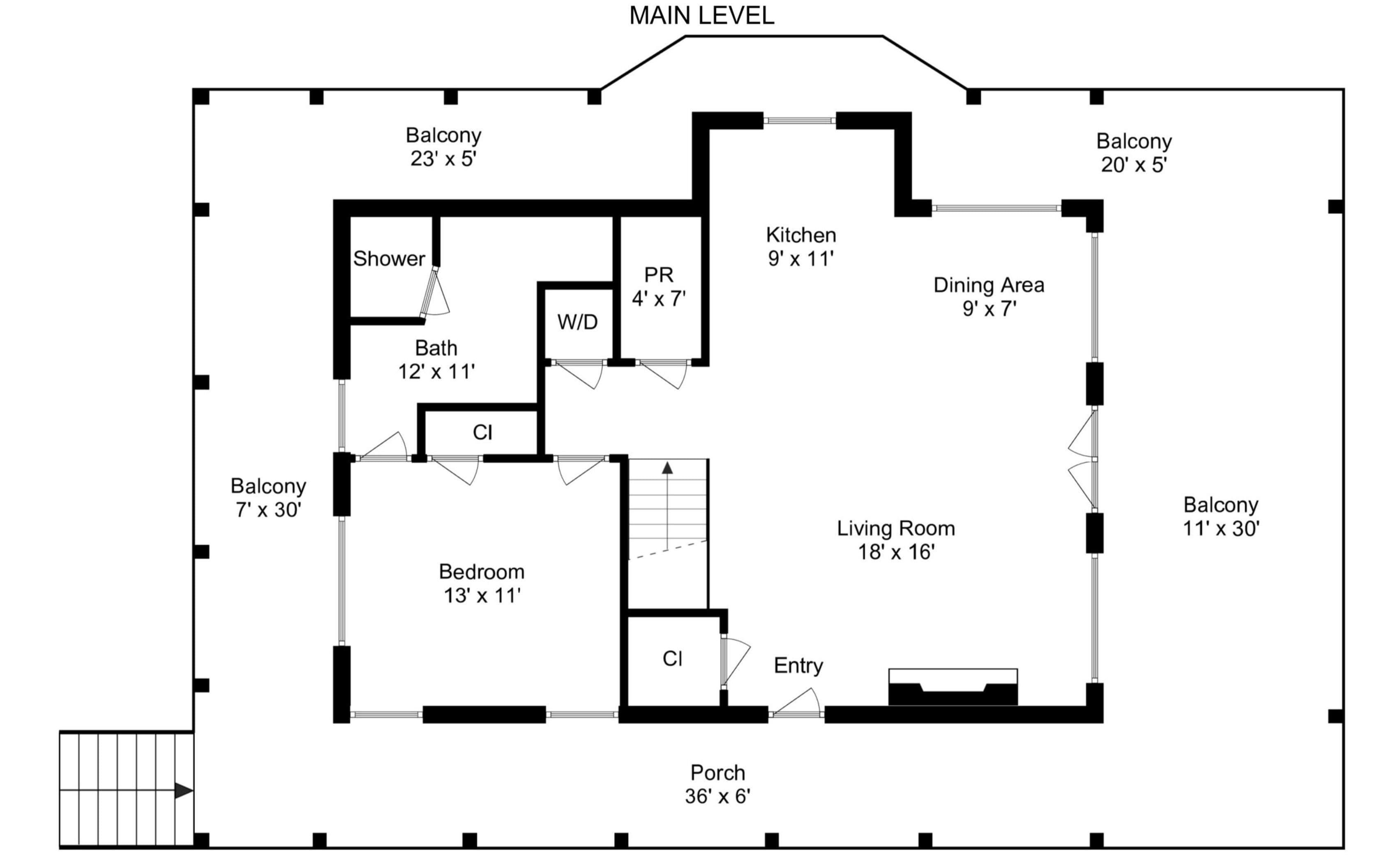 A floor plan with a main level, two balconies, a kitchen, dining area, living room, bedroom, bathroom, shower, and porch.