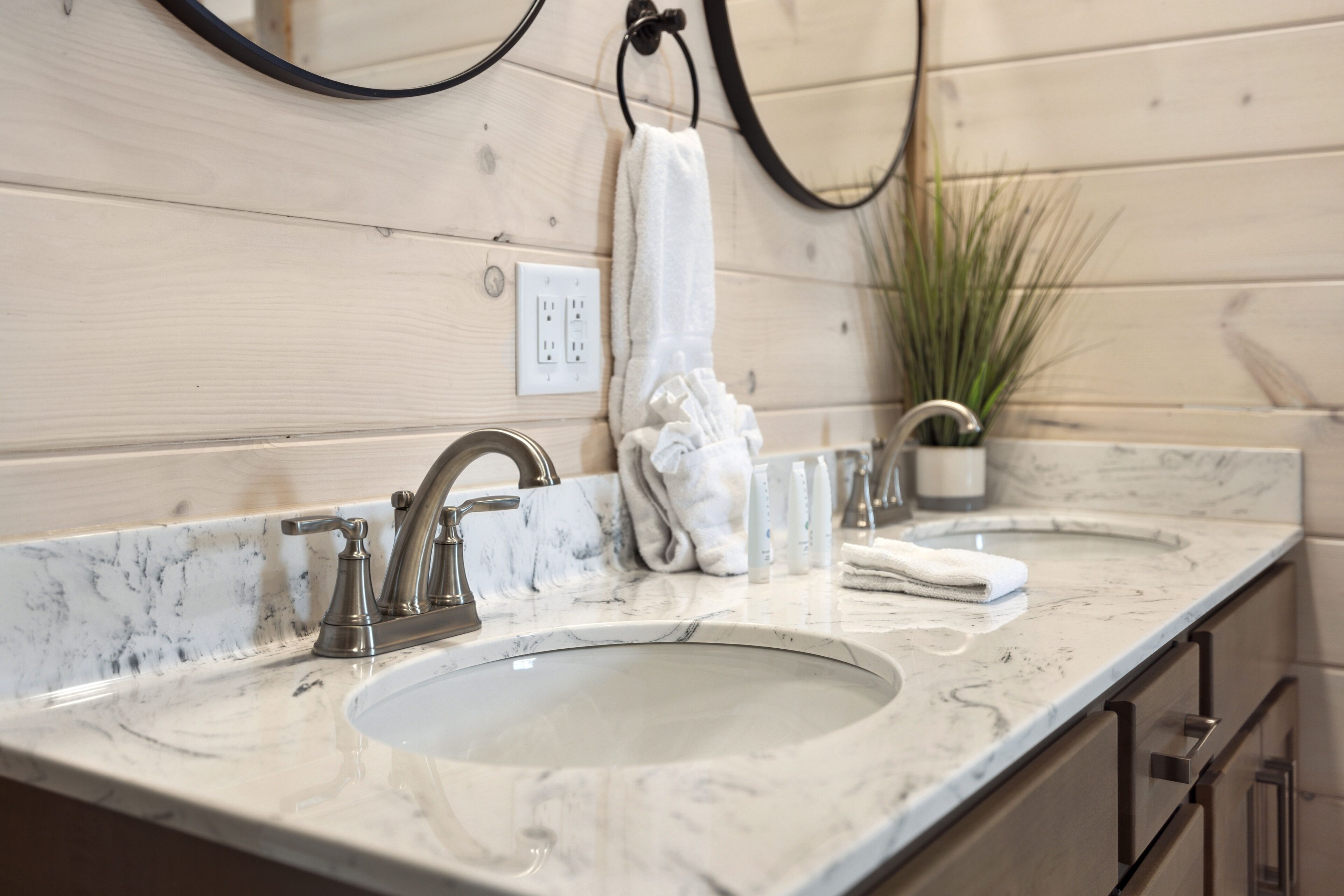 A bathroom with two sinks, a towel rack, a plant, and a mirror.