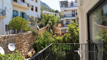 A balcony with a stone wall, satellite dishes, and lush greenery.