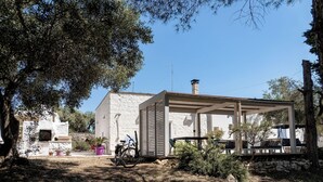 Zona d'estar a l'aire lliure coberta, amb mur de pedra, una bicicleta i plantes en testos.
