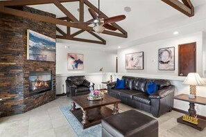 Smart TV, fireplace, table football, video library