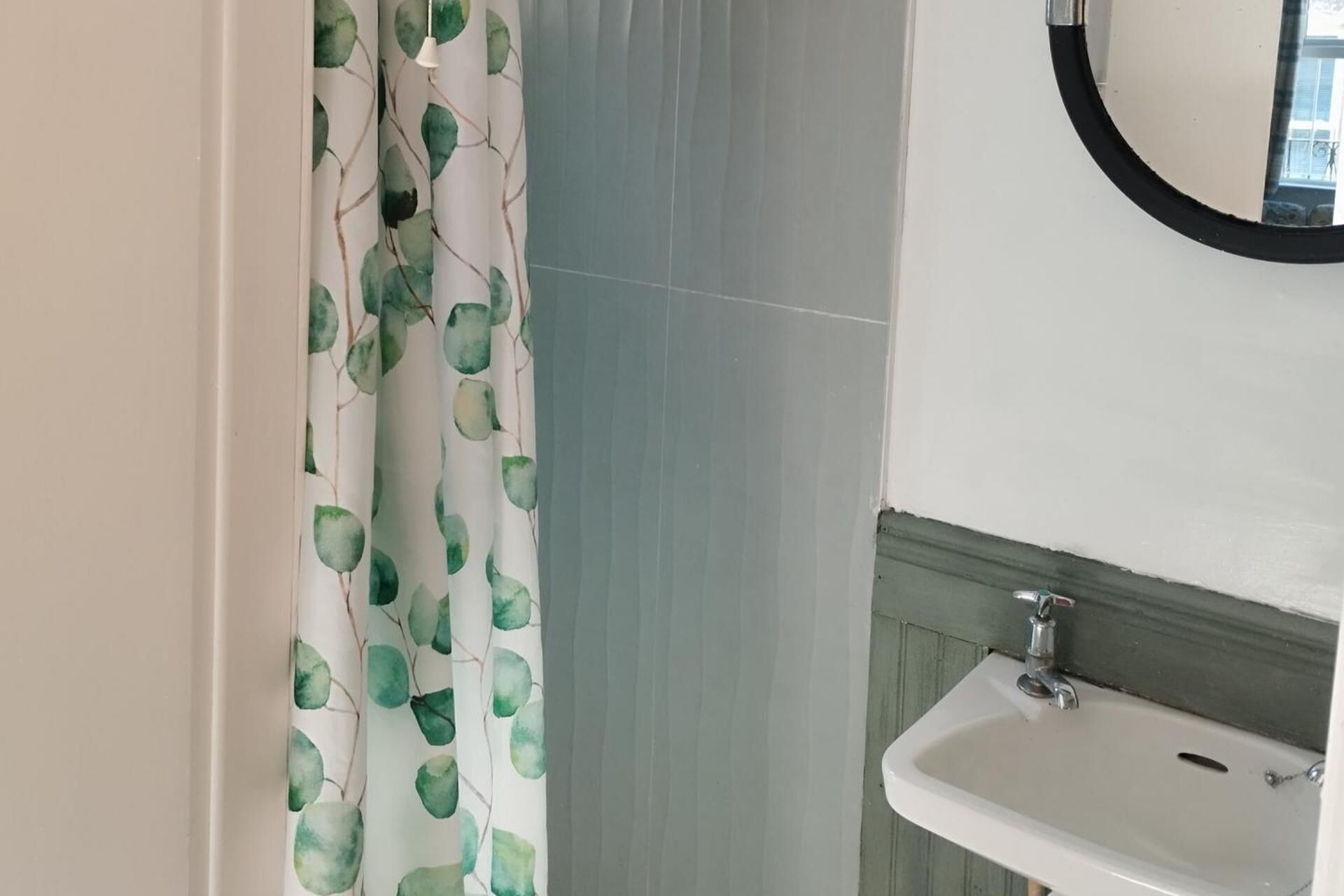 A bathroom with a white sink, a mirror, and a green leaf-patterned shower curtain.