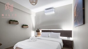 A modern hotel room with a large bed, bedside tables, a wall-mounted air conditioner, and a small plant on the wall.