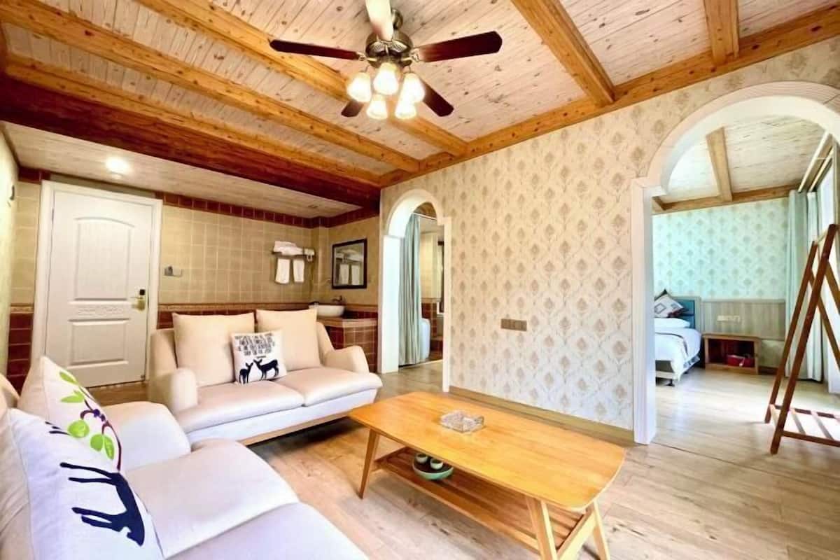 A cozy living room with a wooden ceiling, a sofa with decorative pillows, a coffee table, and a view into the adjacent bedroom.