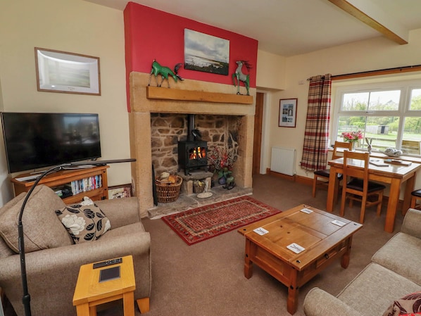 A cozy living room with a stone fireplace, a television, a sofa, and a dining area with a table and chairs.