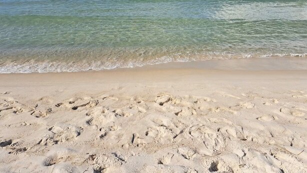Ein sandiger Strand mit Fußspuren, die zum Wasser führen, bewölkter Himmel und ruhiges Meer.
