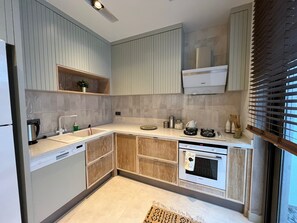 Fridge, oven, dishwasher, coffee/tea maker