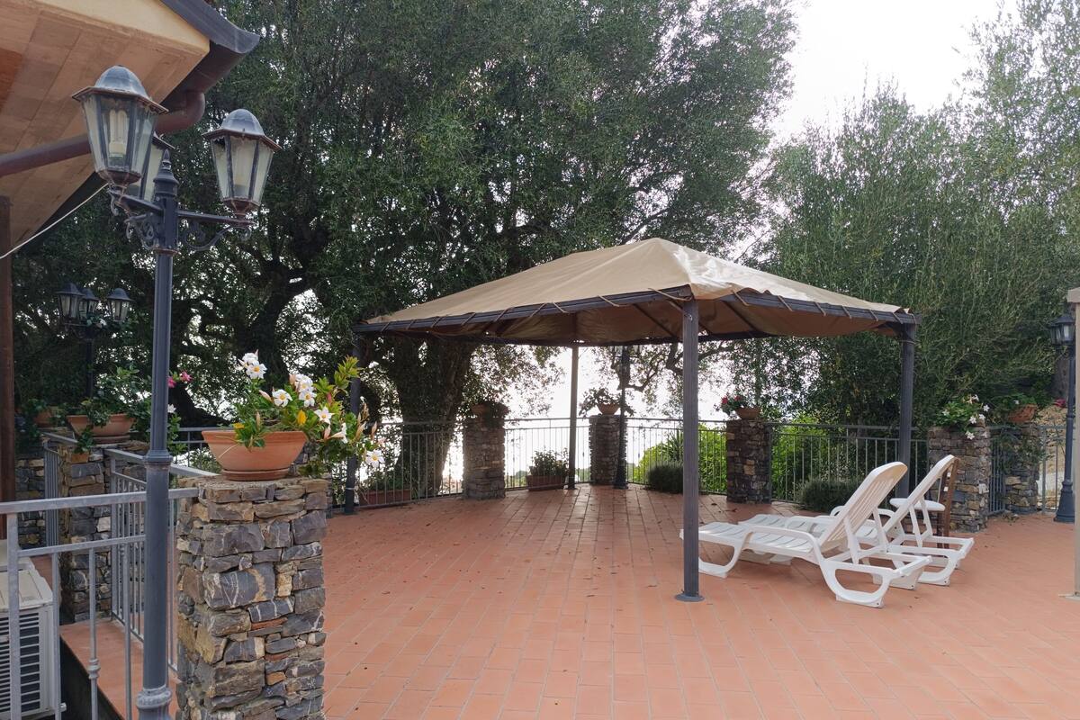 Un patio al aire libre con pérgola, pilares de piedra y plantas en macetas.