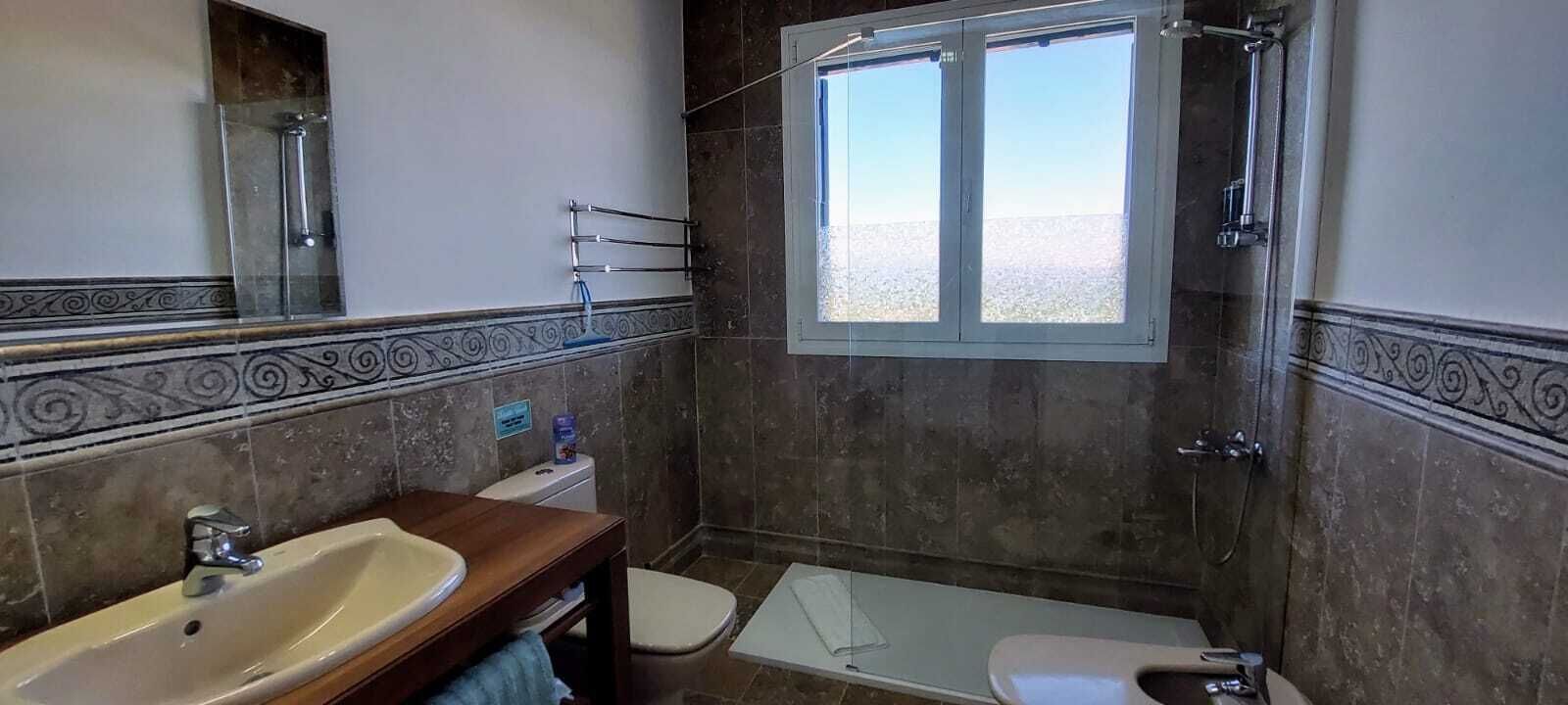 A bathroom with a sink, toilet, shower, and a window.