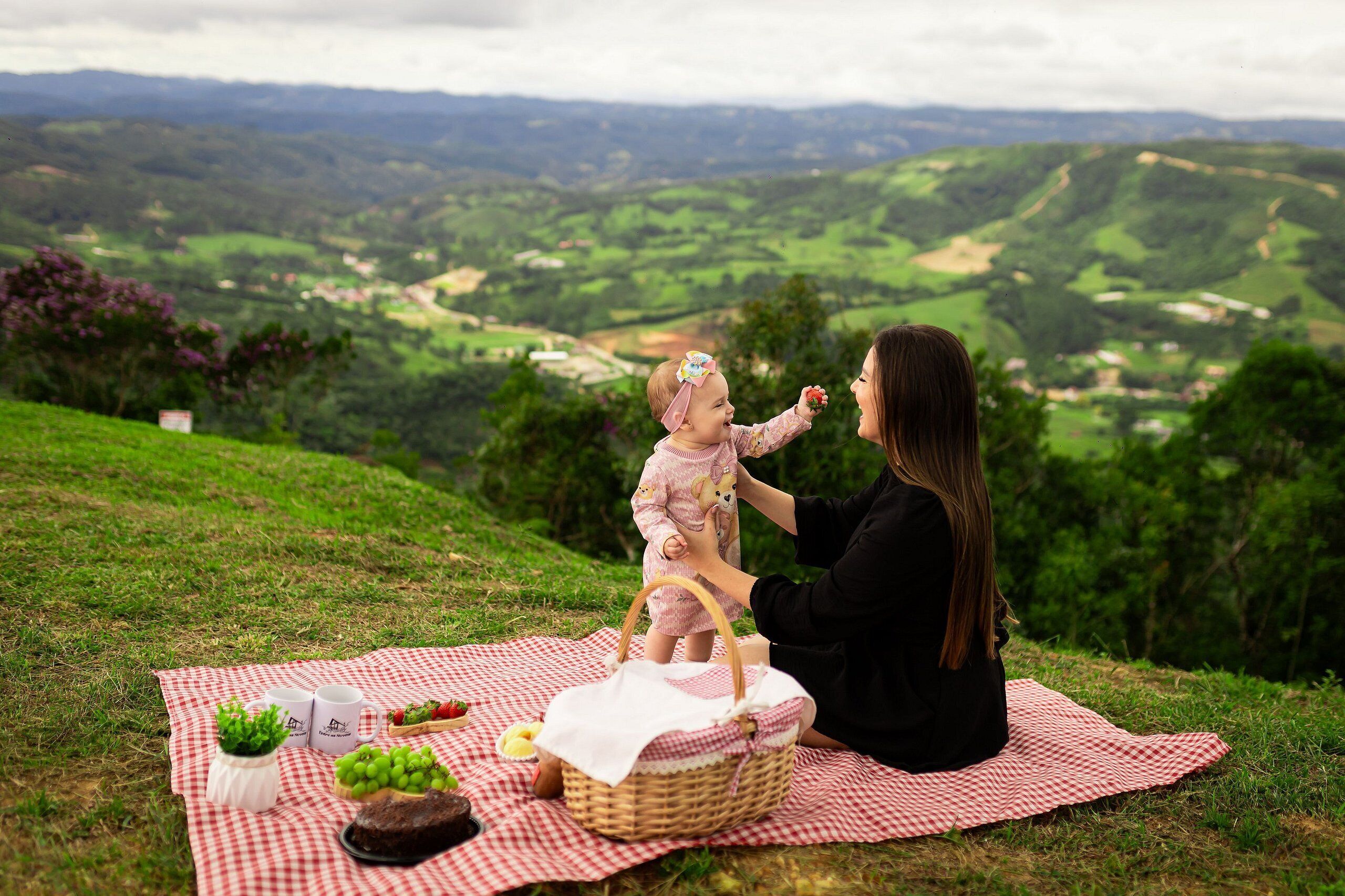 Ein Picknick auf einem grasbewachsen Hügel mit weitreichendem Blick über Hügellandschaft und Tal.