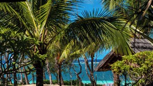 A beach with palm trees, a thatched-roof hut, and clear blue water. - Beachfront chic retreat (Belle Mare)