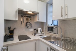 Kühlschrank, Mikrowelle, Herdplatte, Wasserkocher mit Kaffee-/Teezubehör