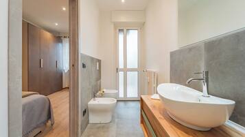 Shower, hair dryer, bidet, towels