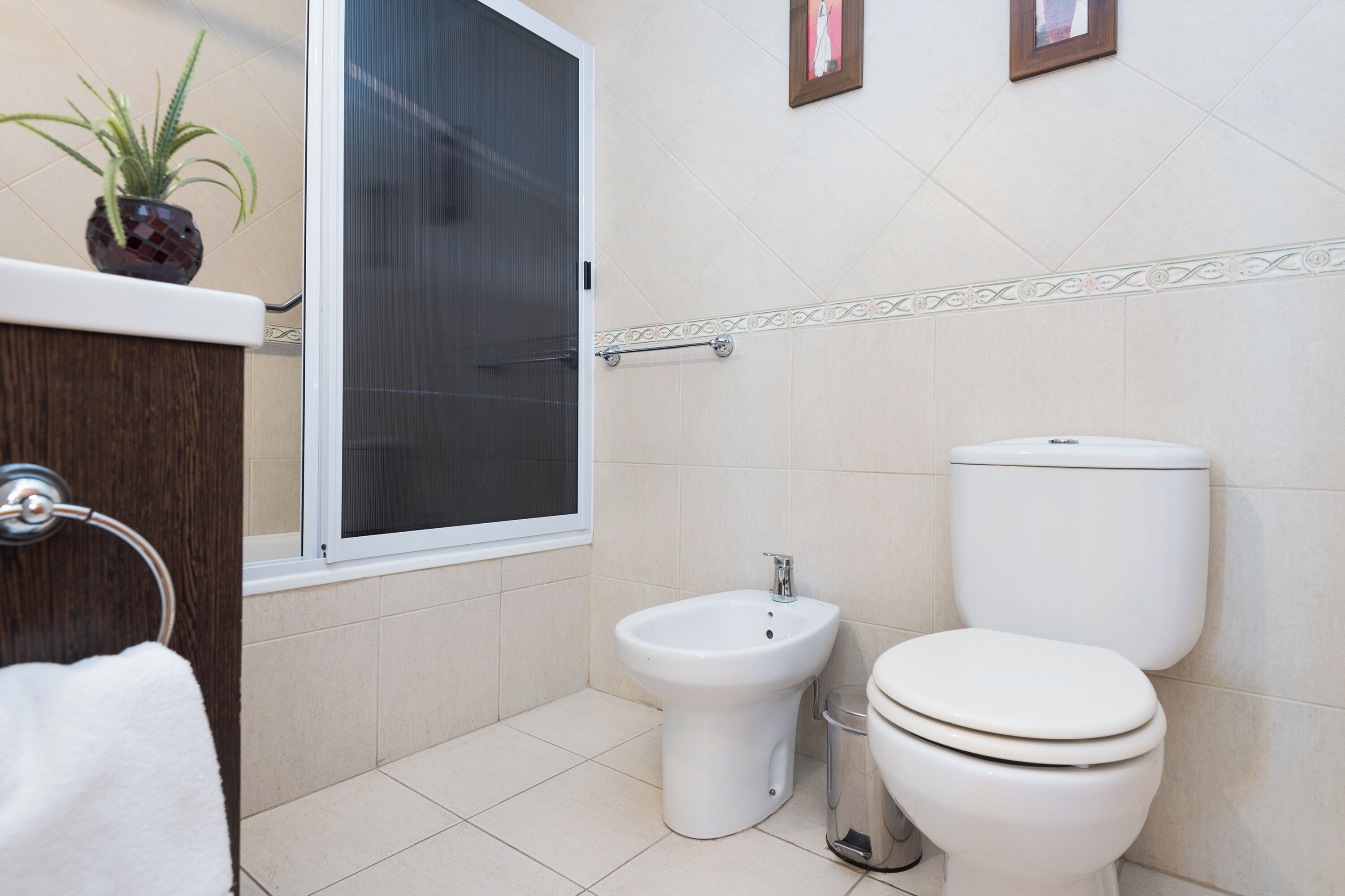 Ein Badezimmer mit Toilette, Bidet und einer Duschkabine mit Glastür.