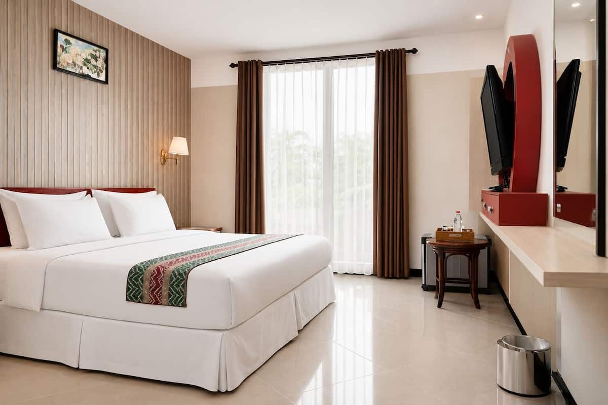 Una habitación de hotel con una cama, una mesita de noche, un televisor y una ventana con cortinas.