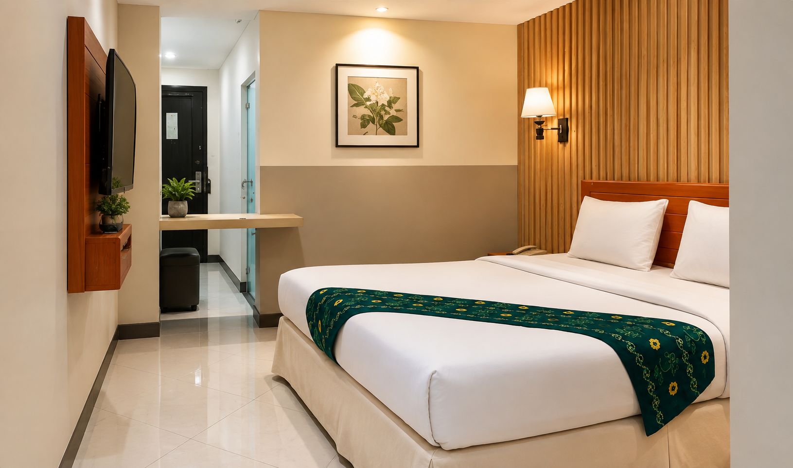 A hotel room with a bed, bedside table, lamp, and a framed picture on the wall.
