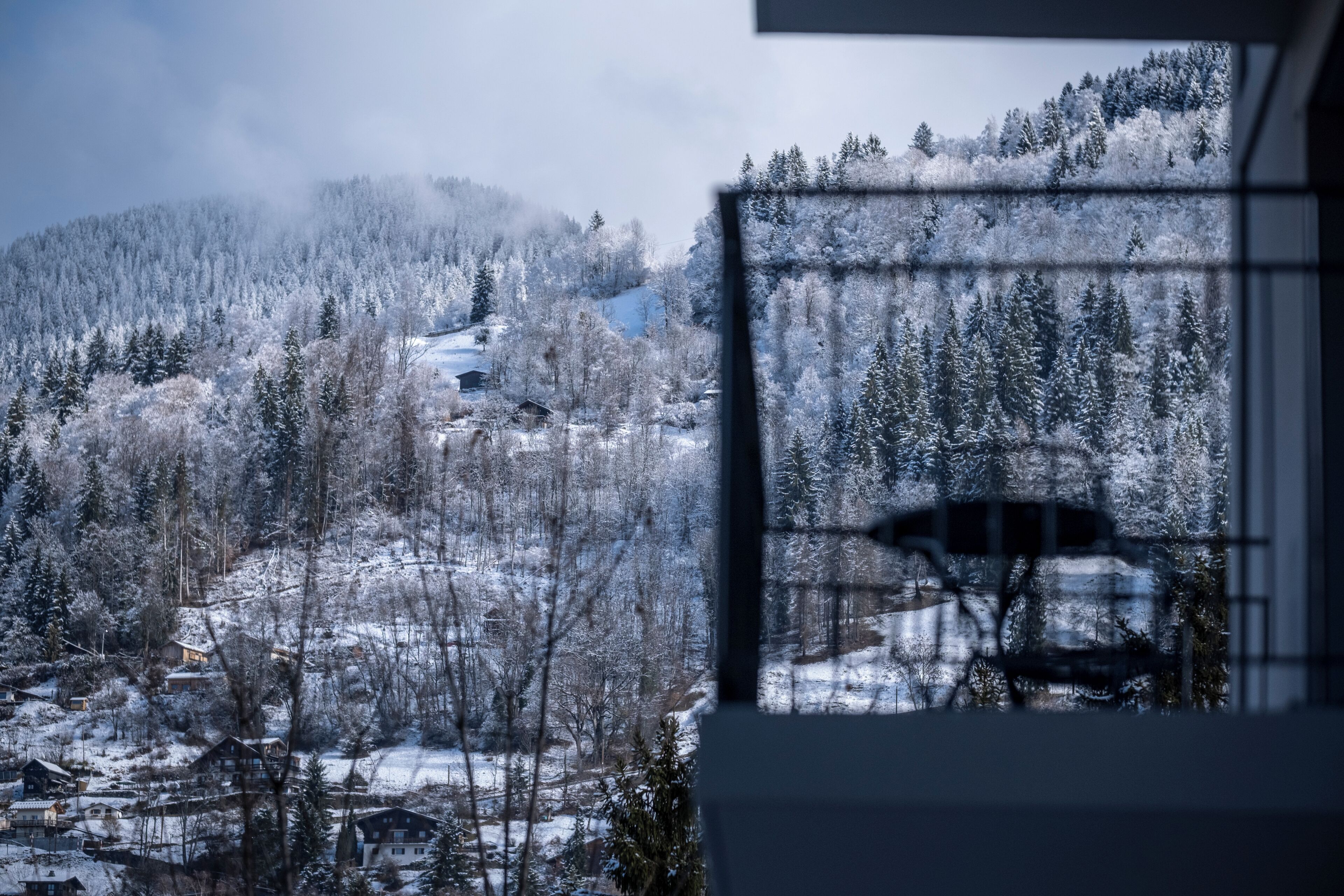 A snowy landscape with houses and trees, viewed through a window with a grid pattern.