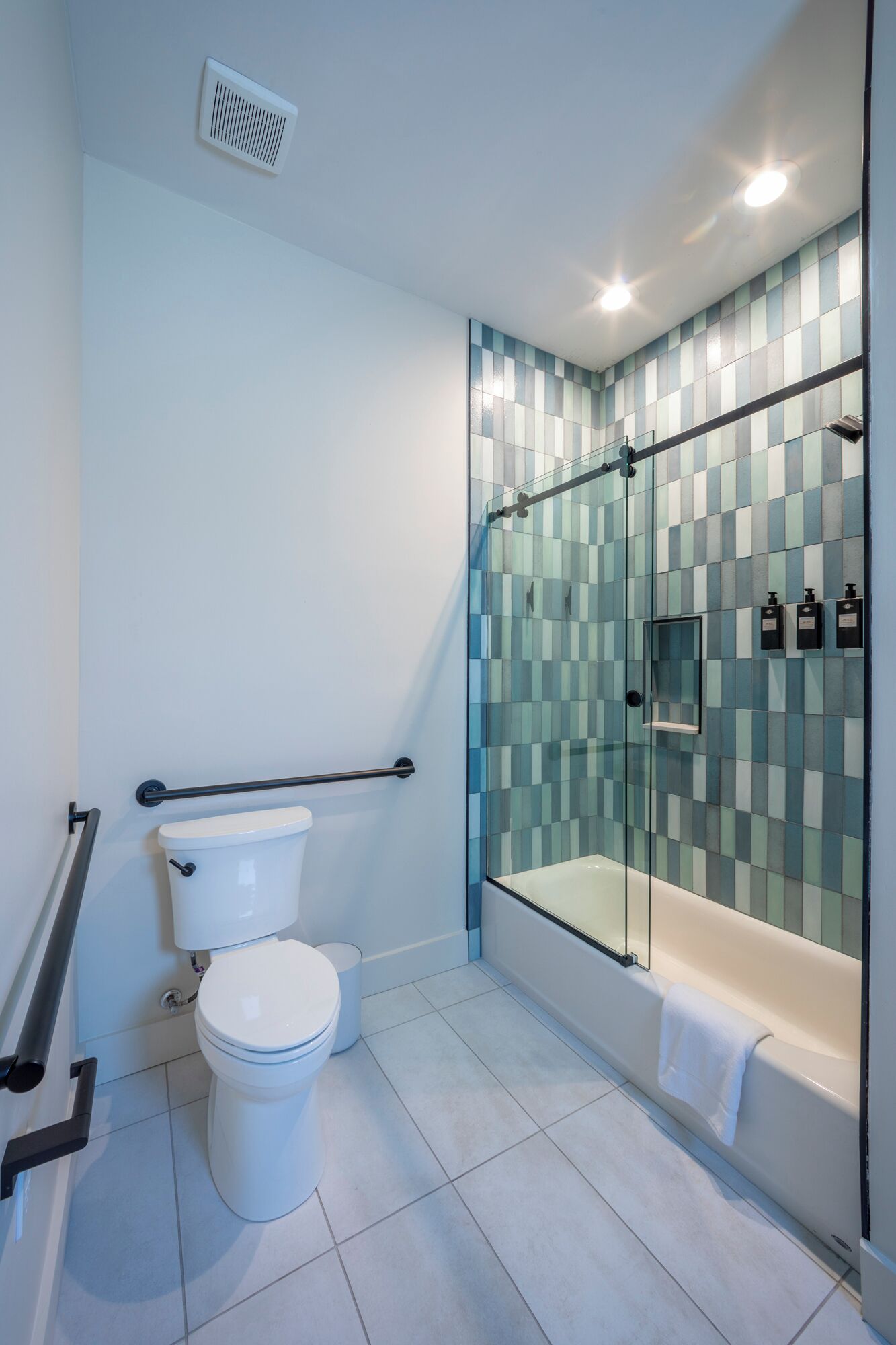 Une salle de bain moderne avec une douche à parois de verre, des toilettes blanches et une baignoire.
