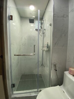 Douche, bidet, serviettes fournies, papier toilette