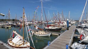 A marina with numerous boats docked, wooden walkways, and flags.