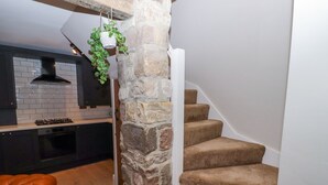 Une cuisine moderne avec un mur d’accent en pierre, un four encastré et une plante suspendue.