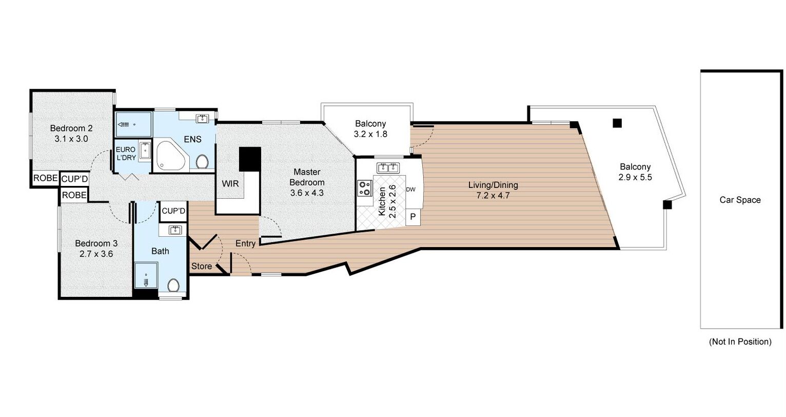 Ein Grundriss mit drei Schlafzimmern, davon ein Hauptschlafzimmer, einem Balkon, einem Wohn-/Essbereich, einem Stellplatz, einem Geschäft, einem Badezimmer, einem Eingangsbereich und einer Küche.