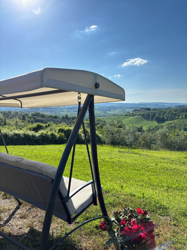 A golf cart with a canopy overlooking a scenic landscape.