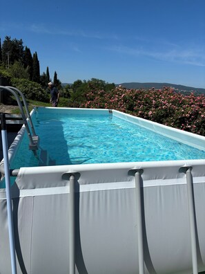 An outdoor swimming pool with a ladder, surrounded by lush greenery and a clear sky.