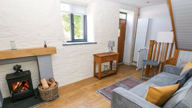 A cozy living room with a fireplace, a sofa, a wooden table, and a window with a view of greenery. - 3 The Barn (Haverfordwest)