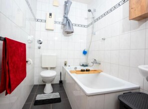 Hair dryer, towels, toilet paper