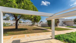 Un espace extérieur abrité, avec un chemin de pierre, un arbre et un bâtiment en arrière-plan.