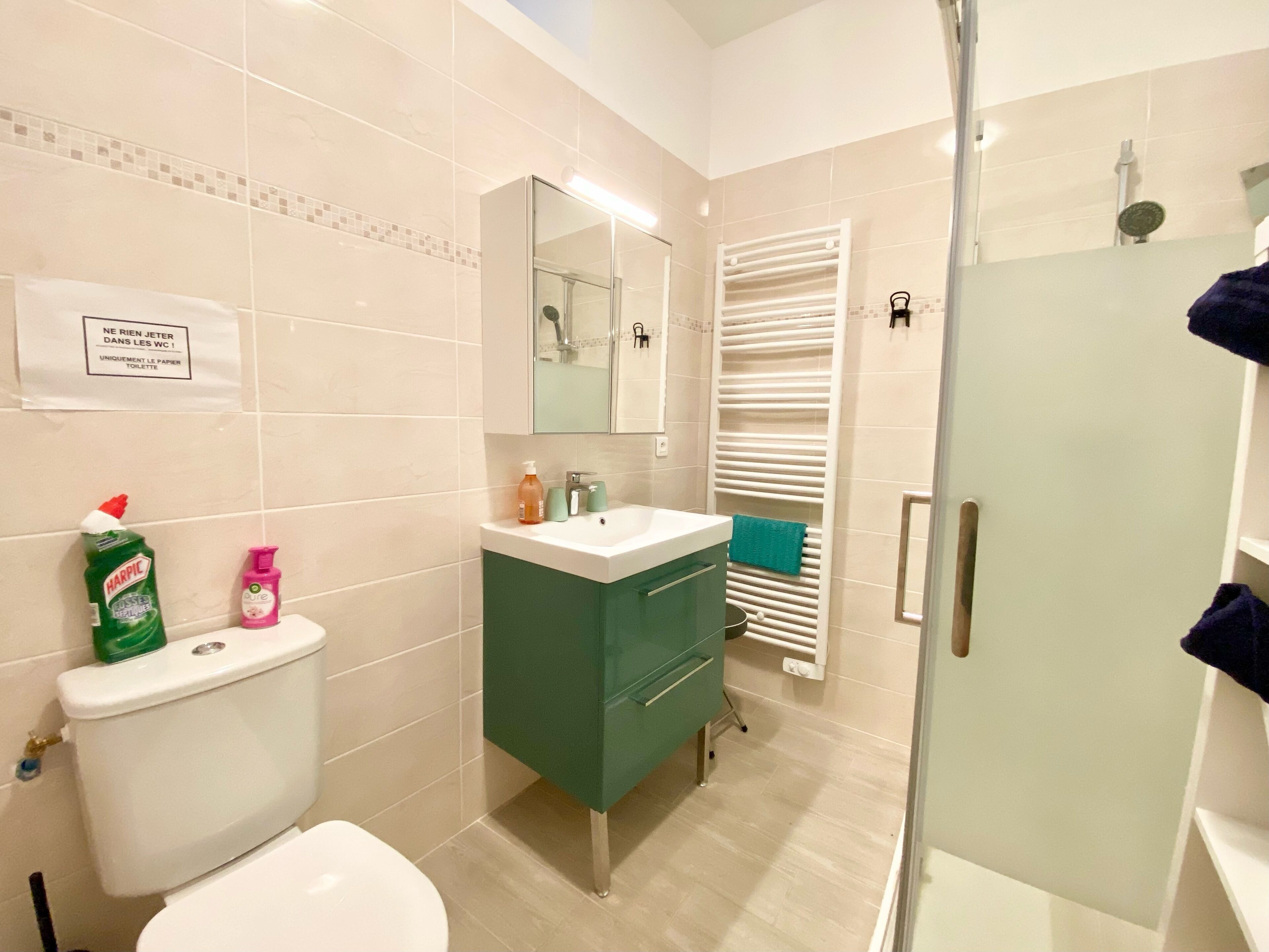 A bathroom with a toilet, sink, mirror, and shower.