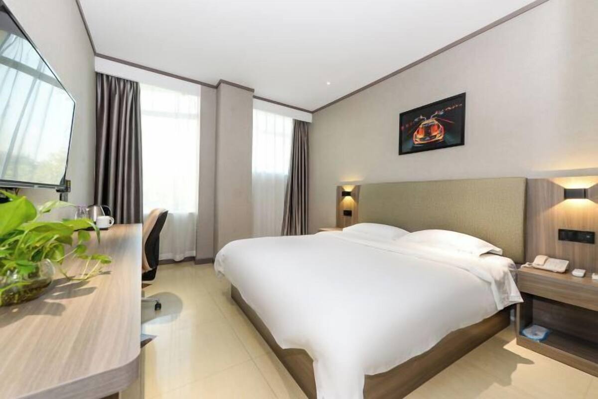 Una camera d'albergo con un letto, una scrivania con una pianta, una sedia, un comodino con una lampada e un quadro appeso al muro.