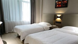 A hotel room with two beds, a window with curtains, a wall-mounted lamp, and a painting of a sports car. - Jizhu Auto Business Hotel (Shanghai)