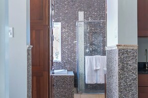 Shower, jetted bath, hair dryer, towels