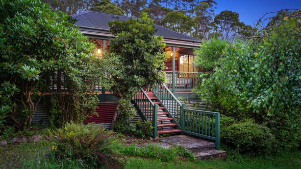A house with a staircase leading to a porch, surrounded by dense greenery.